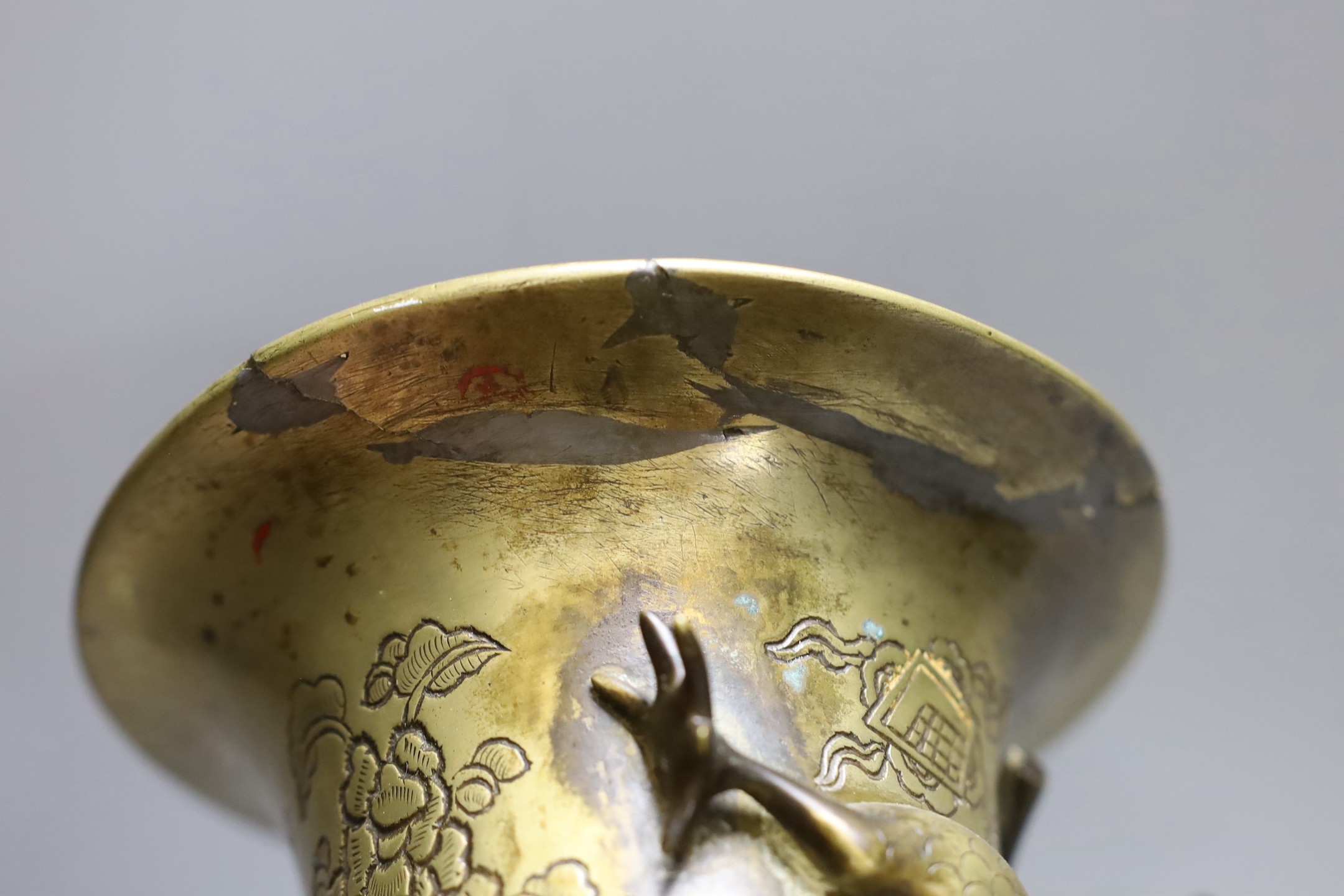 An early 20th century Chinese cast and engraved bronze vase, 42cm